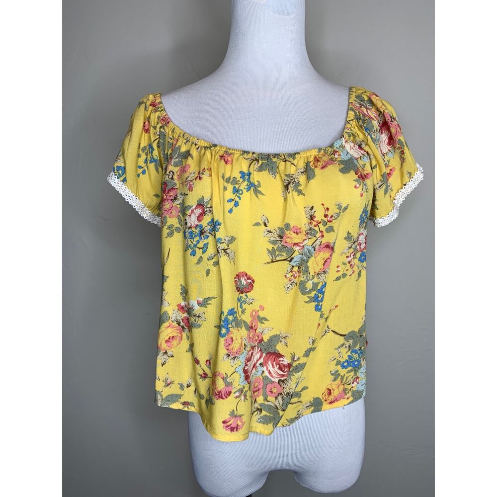 Boho Gold Floral Cropped Peasant Top Swing Sz Small